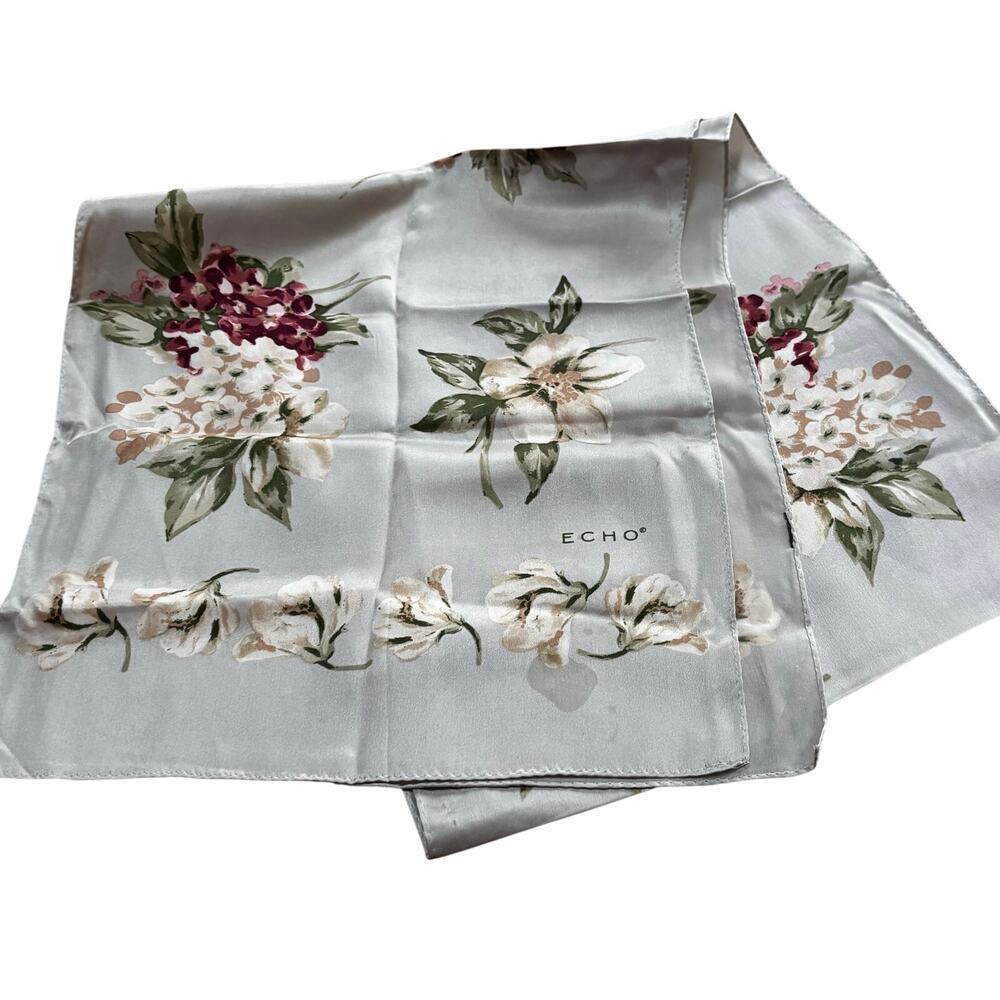Vintage ECHO Silk Scarf Champagne Silver/Gray hydrangeas pink cream green FLAW